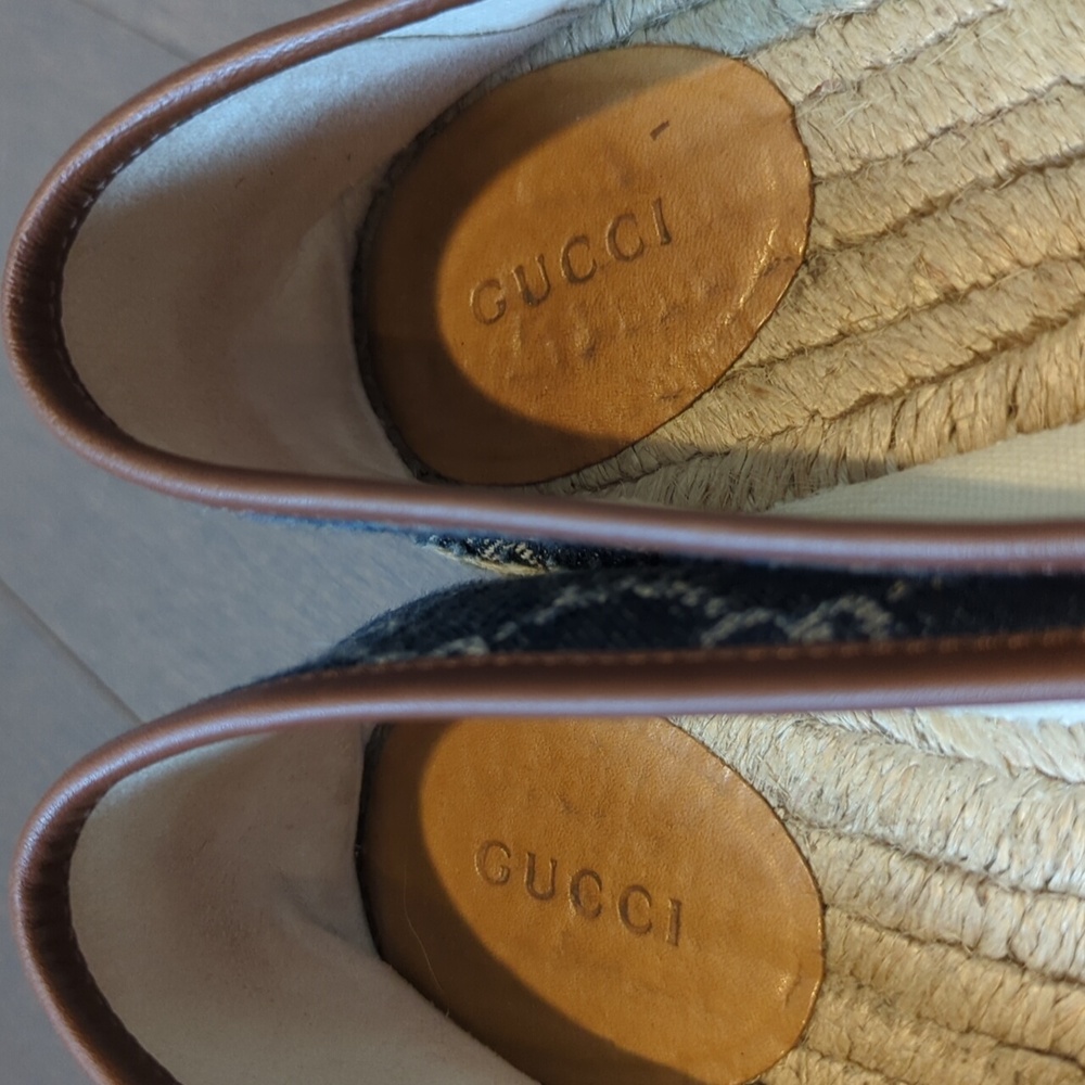 Gucci Blue Denim Monogram Espadrilles with Brown Trim - Picture 9 of 13
